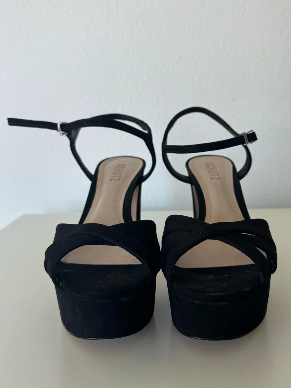 Schutz Black Keefa Suede Platform Sandals with Ankle Strap 8.5